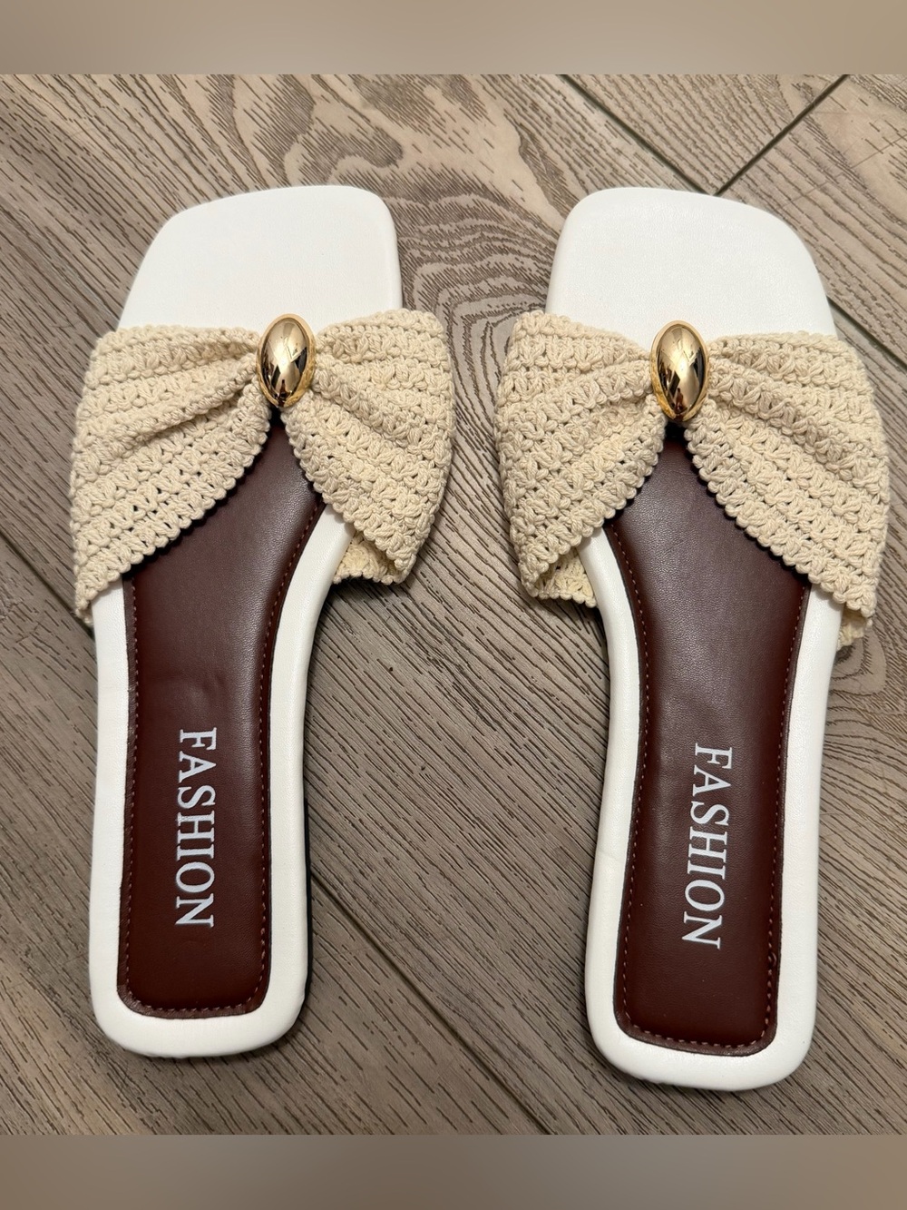 Fashion Women's Beige Crochet Bow Slide Sandals with Gold Accent